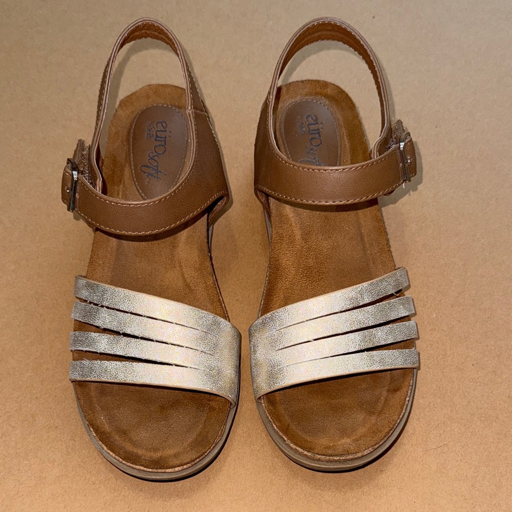 Euro Soft Metallic Gold and Brown Strappy Wedge Sandals
